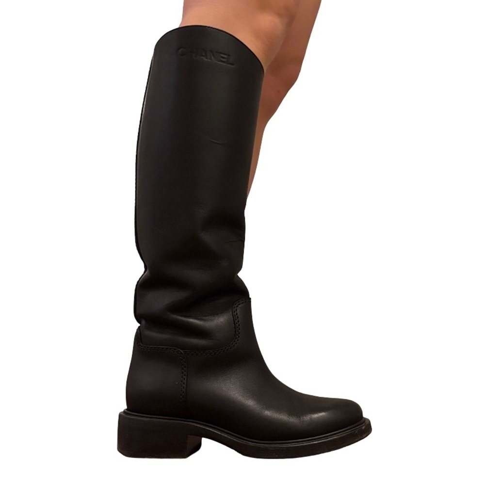 CHANEL Black Leather Heeled Boots